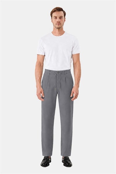 Gri Slim Fit Bel Bağcıklı Paraşüt Pantolon