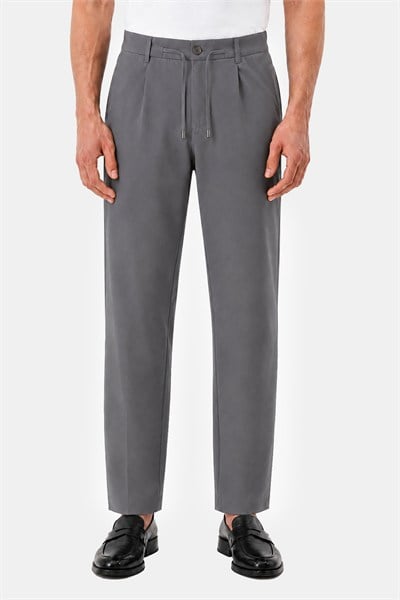 Gri Slim Fit Bel Bağcıklı Paraşüt Pantolon