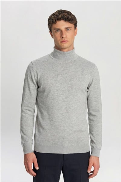 Gri Regular Fit Pamuklu Yarım Balıkçı Yaka Erkek Triko Kazak