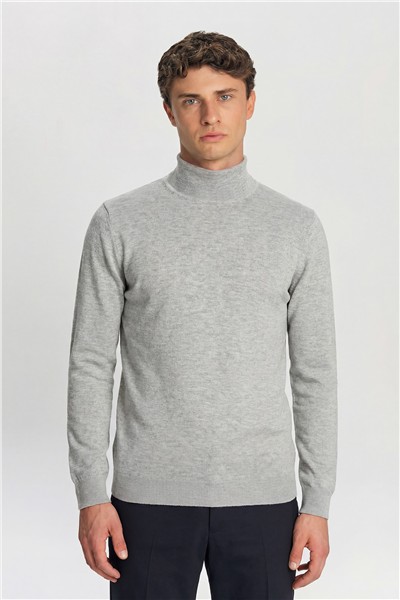 Erkek Gri Normal Kesim Regular Fit Pamuklu Yarım Balıkçı Yaka Triko Kazak