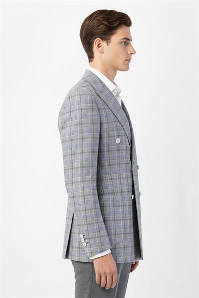 Giotelli Gri Regular Fit Sivri Yaka Kruvaze Ekose Casual Ceket
