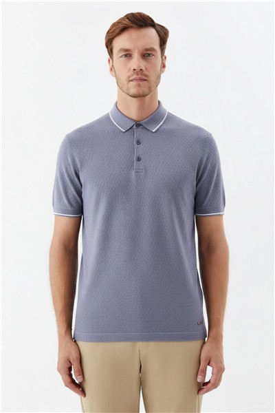 Erkek Gri Slim Fit %100 Pamuk Jakarlı Triko Polo Yaka Tişört