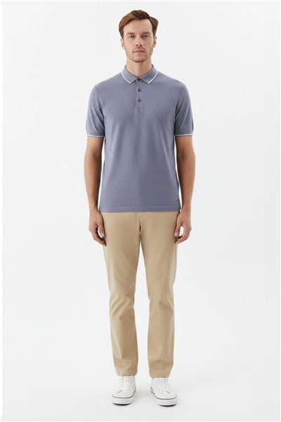 Erkek Gri Slim Fit %100 Pamuk Jakarlı Triko Polo Yaka Tişört