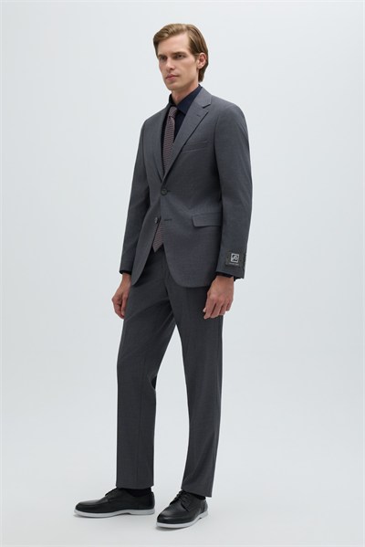 Gri Slim Fit Düz Paça 6 Drop Mono Yaka Klasik Takım Elbise
