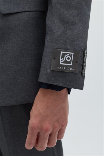Gri Slim Fit Düz Paça 6 Drop Mono Yaka Klasik Takım Elbise