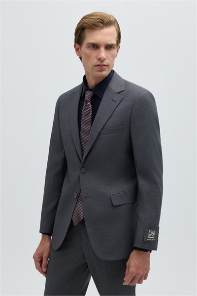 Gri Slim Fit Düz Paça 6 Drop Mono Yaka Klasik Takım Elbise
