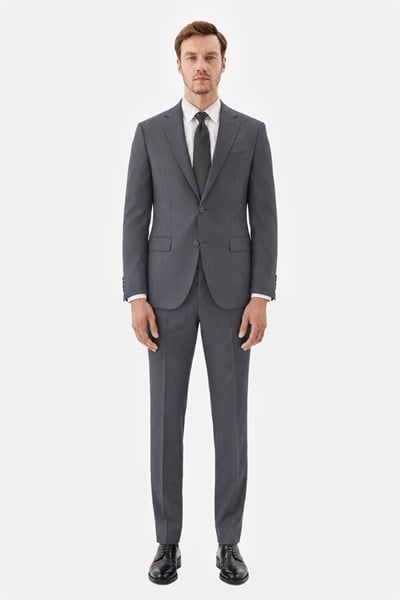 Gri Slim Fit Düz Paça 6 Drop Mono Yaka Klasik Takım Elbise