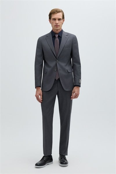 Gri Slim Fit Düz Paça 6 Drop Mono Yaka Klasik Takım Elbise