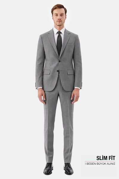 Gri Slim Fit Normal Bel 6 Drop Mono Yaka Takım Elbise