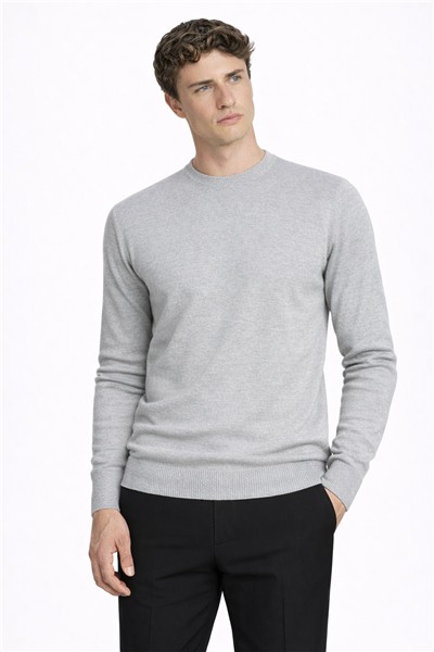 Gri Standart Fit Yün Karışımlı Bisiklet Yaka Düz Erkek Triko Kazak