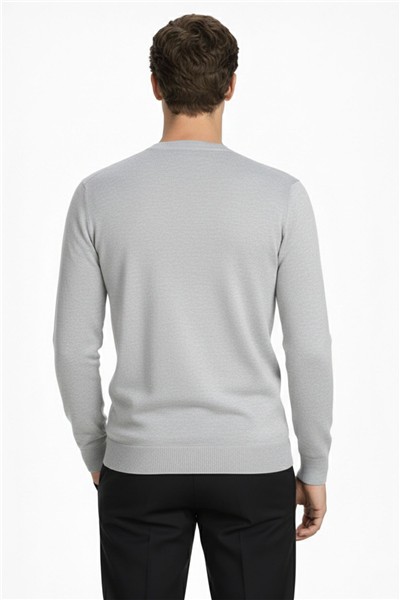 Gri Standart Fit Yün Karışımlı Bisiklet Yaka Düz Erkek Triko Kazak
