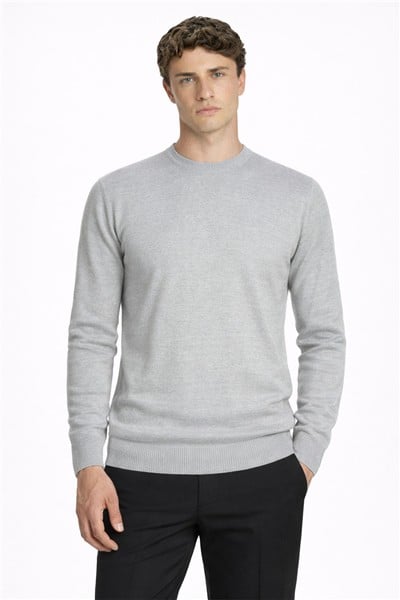 Gri Standart Fit Yün Karışımlı Bisiklet Yaka Düz Erkek Triko Kazak