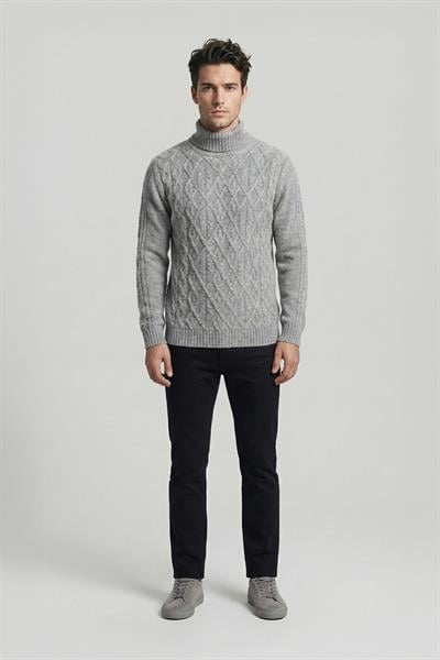 Gri Regular Fit Yünlü Desenli Tam Balıkçı Yaka Triko Kazak
