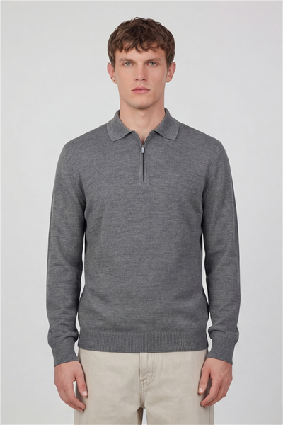 Erkek Gri Normal Kesim Regular Fit Yünlü Düz Fermuarlı Polo Yaka Triko Kazak