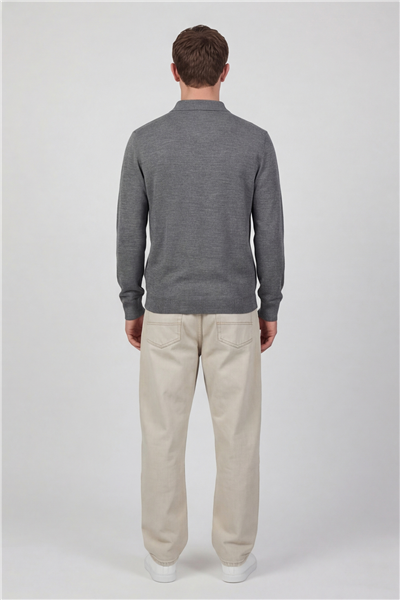 Erkek Gri Normal Kesim Regular Fit Yünlü Düz Fermuarlı Polo Yaka Triko Kazak