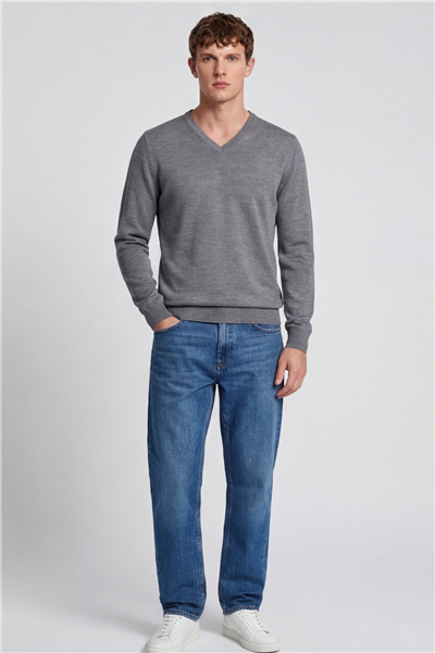 Erkek Gri Normal Kesim Regular Fit Yünlü V Yaka Triko Kazak