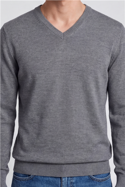 Erkek Gri Normal Kesim Regular Fit Yünlü V Yaka Triko Kazak
