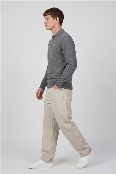 Erkek Gri Normal Kesim Regular Fit Yünlü Düz Fermuarlı Polo Yaka Triko Kazak