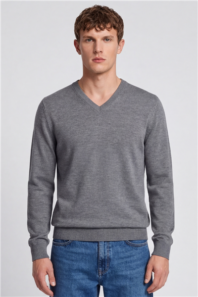 Erkek Gri Normal Kesim Regular Fit Yünlü V Yaka Triko Kazak