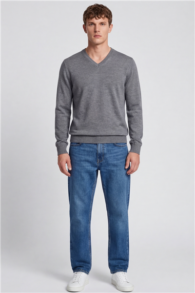 Erkek Gri Normal Kesim Regular Fit Yünlü V Yaka Triko Kazak