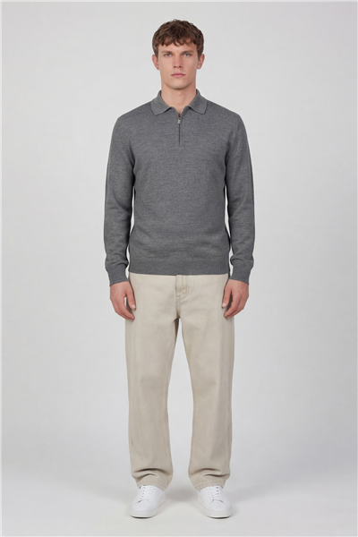 Erkek Gri Normal Kesim Regular Fit Yünlü Düz Fermuarlı Polo Yaka Triko Kazak
