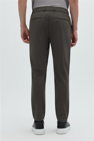 Haki Dokulu Arka Lastikli Köprü Kemerli Bağcıklı Slim Fit Jogger Pantolon