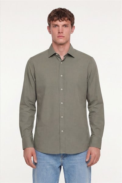 Erkek Haki Normal Kesim Regular Fit %100 Pamuk Gabardin Uzun Kollu Klasik Yaka Gömlek