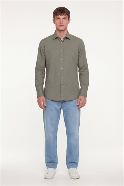 Erkek Haki Normal Kesim Regular Fit %100 Pamuk Gabardin Uzun Kollu Klasik Yaka Gömlek
