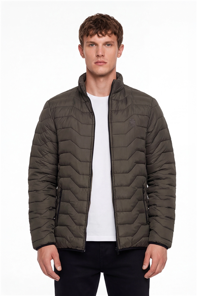 Erkek Haki Dar Kesim Slim Fit Dik Yaka Fermuarlı Mont