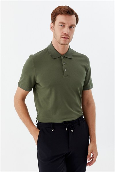 Haki Pamuklu Slim Fit Kısa Kollu Polo Yaka T-shirt