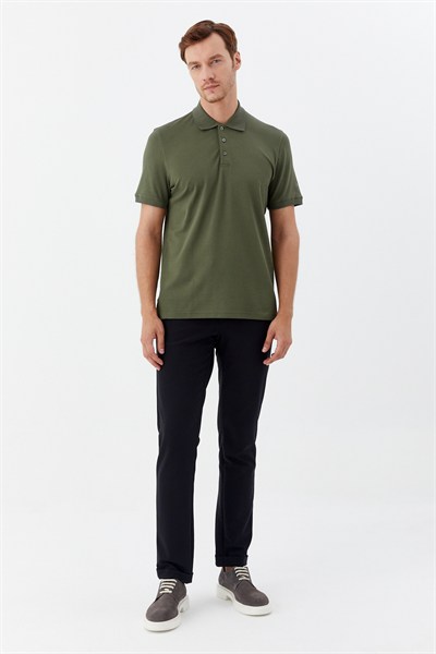 Haki Pamuklu Slim Fit Kısa Kollu Polo Yaka T-shirt