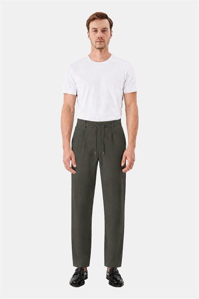 Haki Slim Fit Bel Bağcıklı Paraşüt Pantolon