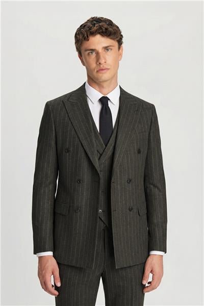 Giotelli Erkek Haki Normal Kesim Regular Fit Viskon Çizgili Desenli Yelekli Kabanlı 4lü 6 Drop Takım Elbise Seti