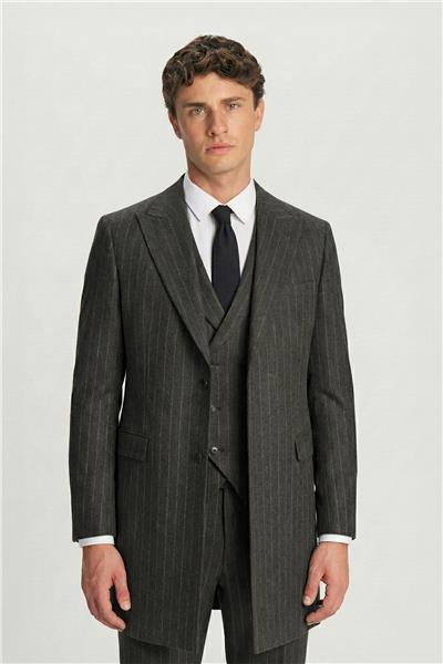 Giotelli Erkek Haki Normal Kesim Regular Fit Viskon Çizgili Desenli Yelekli Kabanlı 4lü 6 Drop Takım Elbise Seti