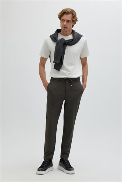 Haki Slim Fit Bel Bağcıklı Paraşüt Pantolon