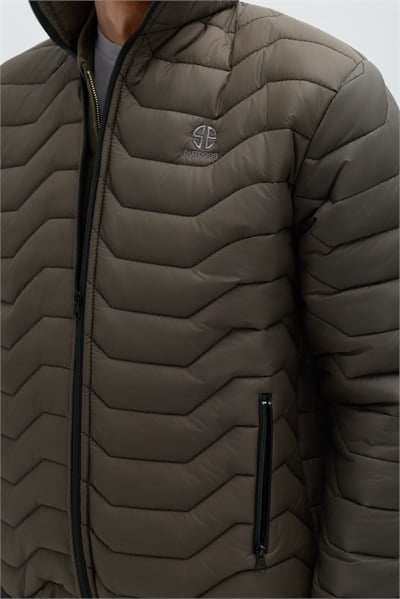 Haki Slim Fit Fermuarlı Dik Yaka Kapüşonsuz Mont