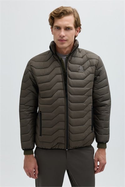 Haki Slim Fit Fermuarlı Dik Yaka Kapüşonsuz Mont