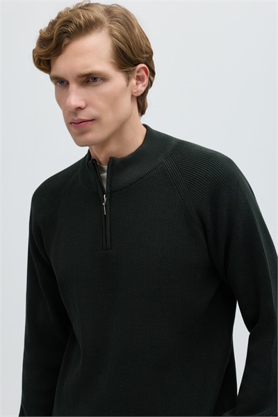 Haki Slim Fit Fermuarlı Yarım Balıkçı Yaka Triko Kazak