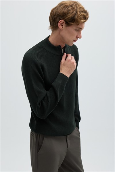 Haki Slim Fit Fermuarlı Yarım Balıkçı Yaka Triko Kazak