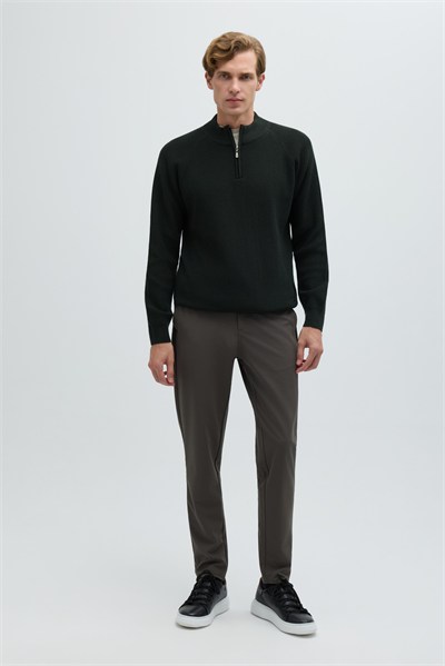 Haki Slim Fit Fermuarlı Yarım Balıkçı Yaka Triko Kazak