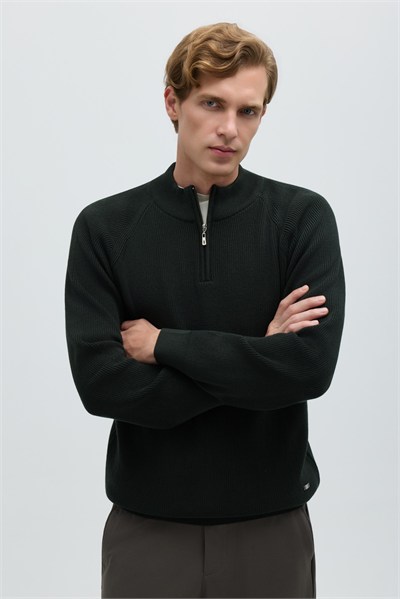 Haki Slim Fit Fermuarlı Yarım Balıkçı Yaka Triko Kazak