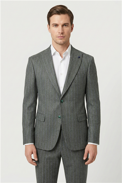 Giotelli Erkek Haki Dar Kesim Slim Fit Viskon Çizgili Sivri Yaka Duble Paça Tam Astarlı 6 Drop Takım Elbise 