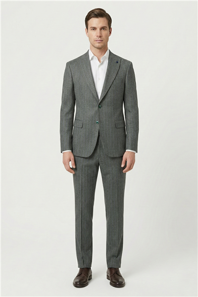 Giotelli Erkek Haki Dar Kesim Slim Fit Viskon Çizgili Sivri Yaka Duble Paça Tam Astarlı 6 Drop Takım Elbise 