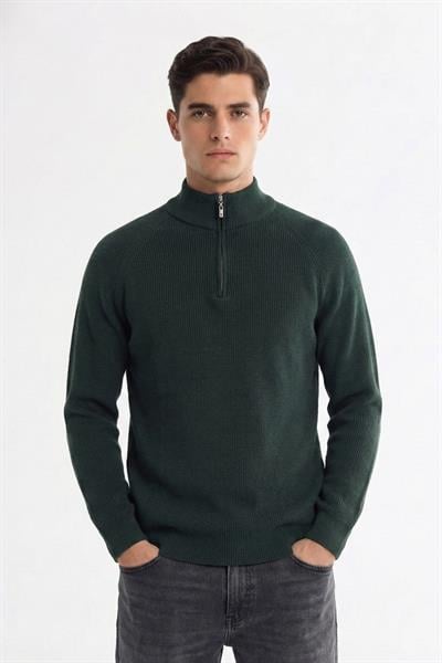 Erkek Haki Dar Kesim Slim Fit Dokulu Örme Fermuarlı Yarım Balıkçı Yaka Triko Kazak