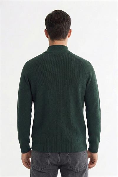 Erkek Haki Dar Kesim Slim Fit Dokulu Örme Fermuarlı Yarım Balıkçı Yaka Triko Kazak