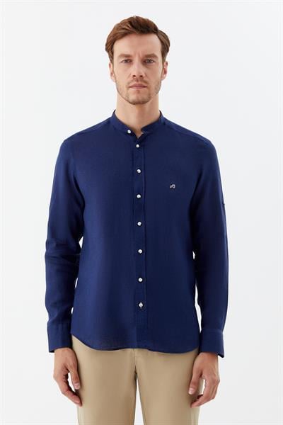 Lacivert Hakim Yaka Regular Fit Keten Erkek Gömlek