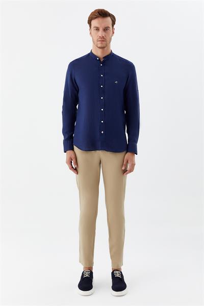 Lacivert Hakim Yaka Regular Fit Keten Erkek Gömlek