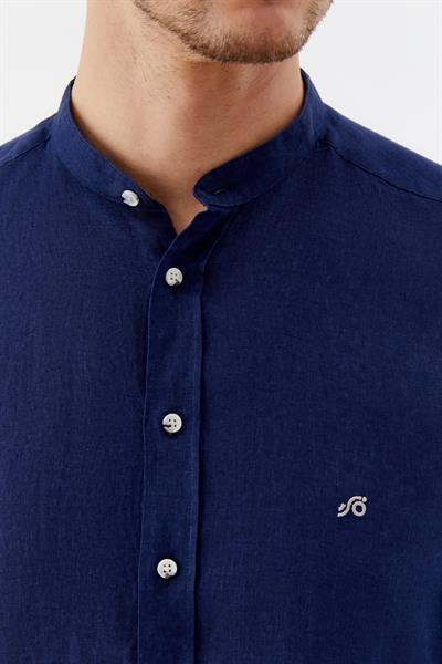 Lacivert Hakim Yaka Regular Fit Keten Erkek Gömlek