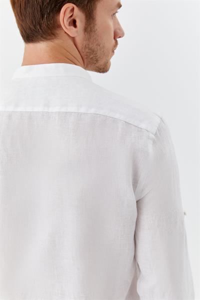 Beyaz Hakim Yaka Regular Fit Keten Erkek Gömlek