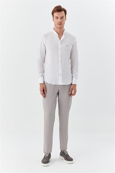 Beyaz Hakim Yaka Regular Fit Keten Erkek Gömlek